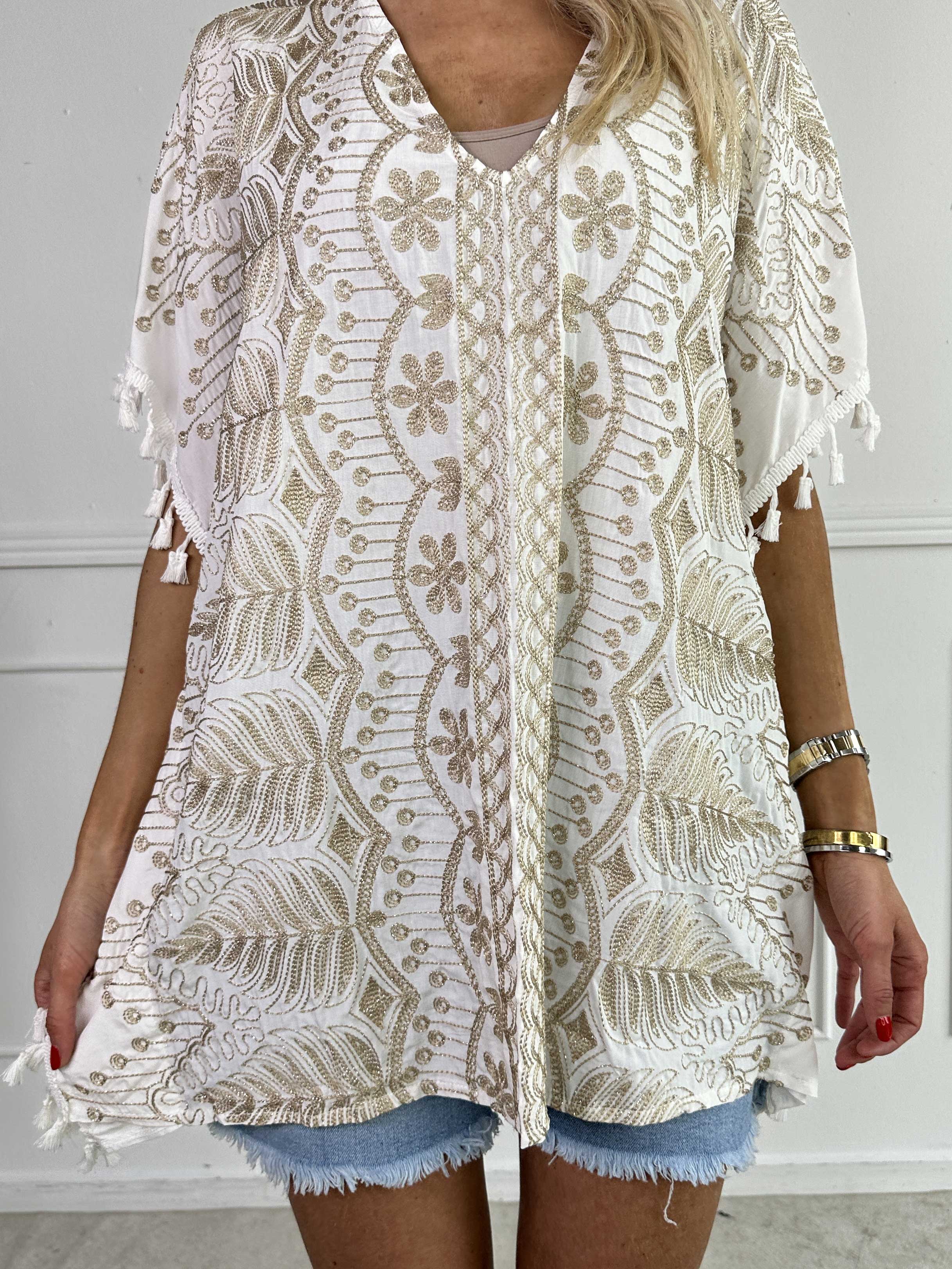 Aloha - Tunika i viskose med guld broderinger og kvaster